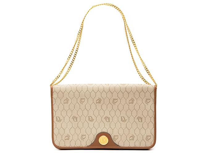 Dior Brown Honeycomb Coated Canvas Chain Shoulder Bag Beige Pony-style calfskin Cloth  ref.2561793