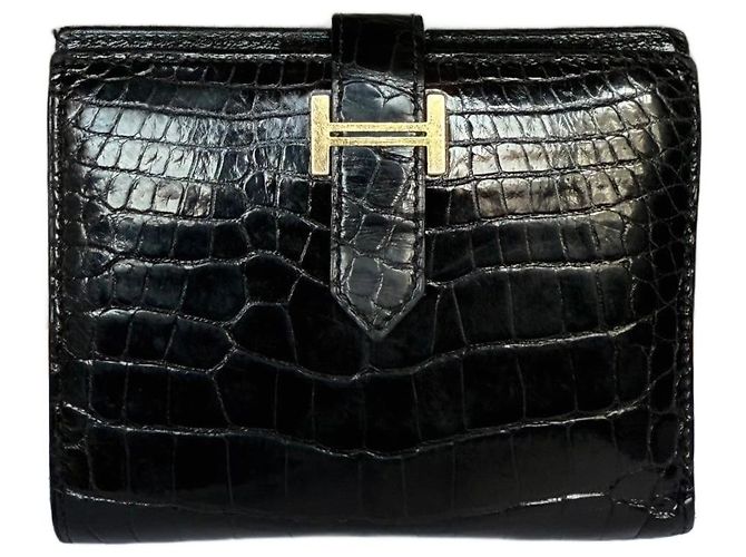 Hermès Bearn Alligator Compact Wallet Black