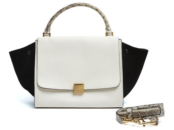 Trapèze Bolsa Céline Phoebe Philo Trapeze Média em Couro Branco Leite e Preto com Alça Cru