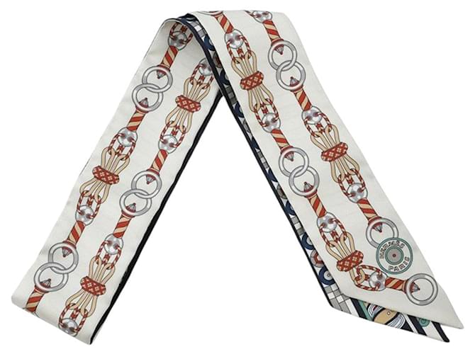 Hermès White Harnais En Rosace Silk Twilly Scarf Cloth  ref.2562808