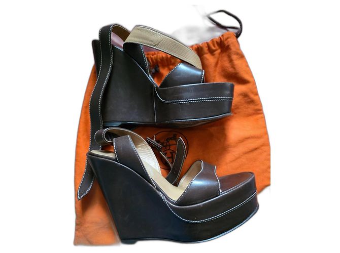 Hermès Hermes full leather platform clogs Dark brown