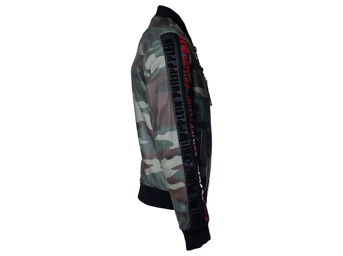Philipp Plein, camo leather bomber jacket Black Green