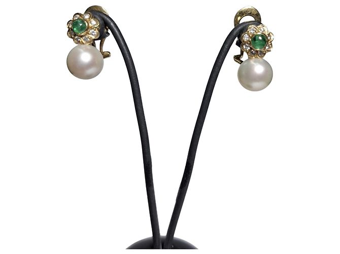 Autre Marque Pendientes Tu y Yo esmeralda, perla y brillantes ORO 18K