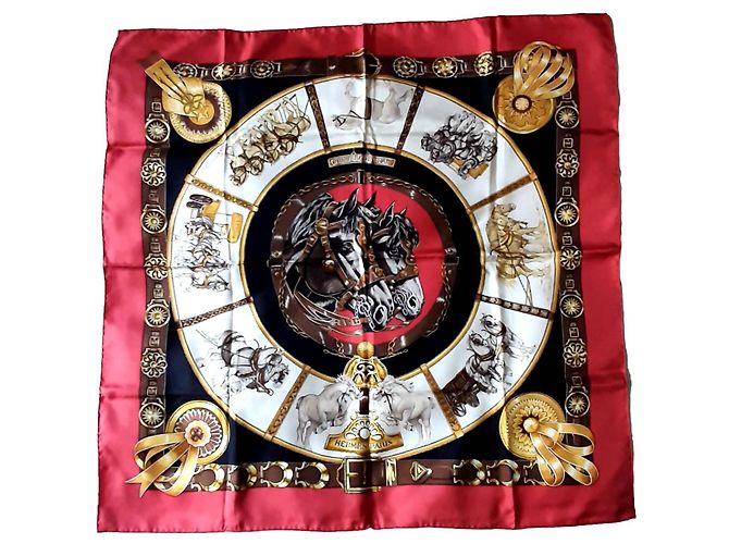 Bufanda de seda caballos de carruaje Hermès Roja