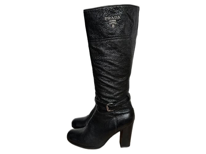 Prada Black Glitter Leather Boots with Metal Logo