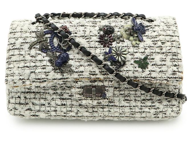 Timeless Chanel 2.55 Tweed Double Flap Chain Shoulder Bag Black White