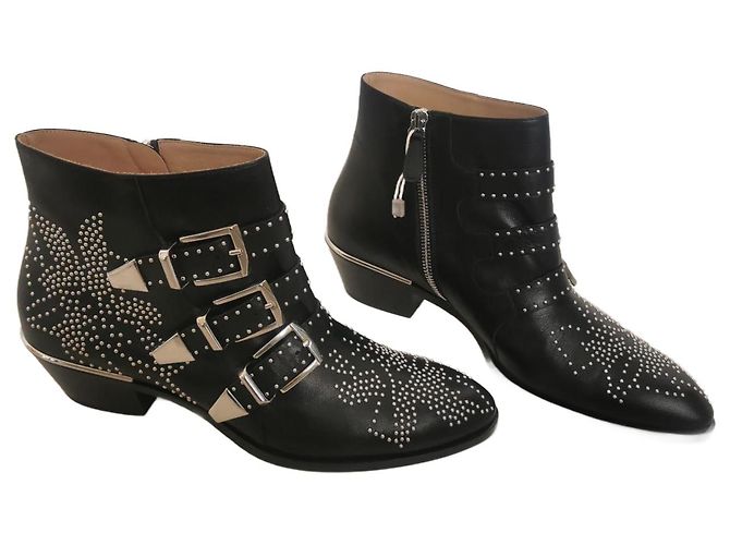 Chloé Susanna Buckle Ankle Boots Black Silver Leather Silvery Metallic