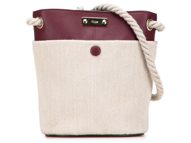 Borsa a secchiello Chloé Key beige e rosso scuro in pelle e lino Bordò