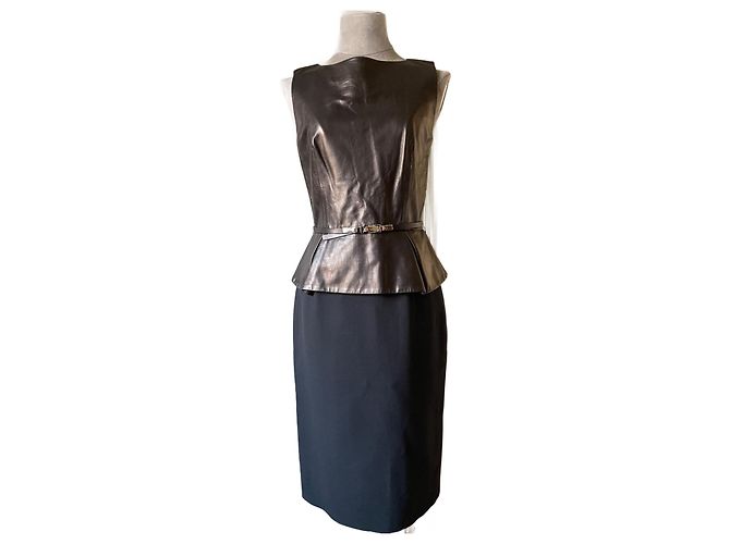 Dior Kleid aus Leder Wolle und Seide Schwarz