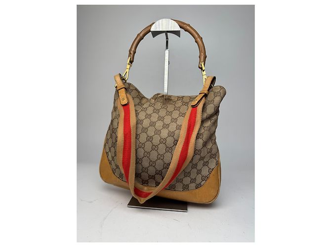 Bamboo Borsa a mano vintage Gucci monogramma 2Way in bambù beige