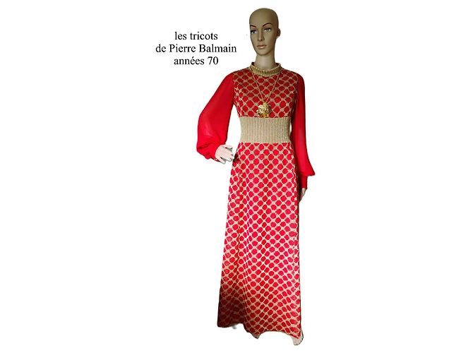Abito lungo rosso in jersey e lurex oro Pierre Balmain