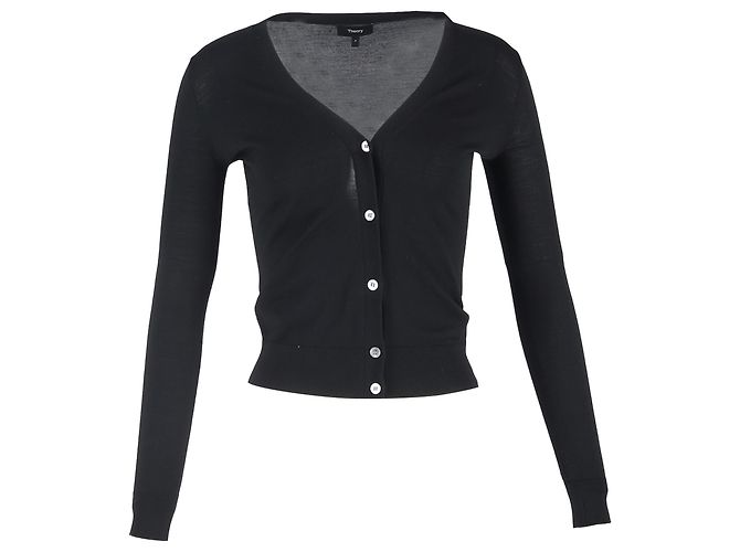 Theory V-Ausschnitt Knopf-Cardigan aus schwarzer Wolle