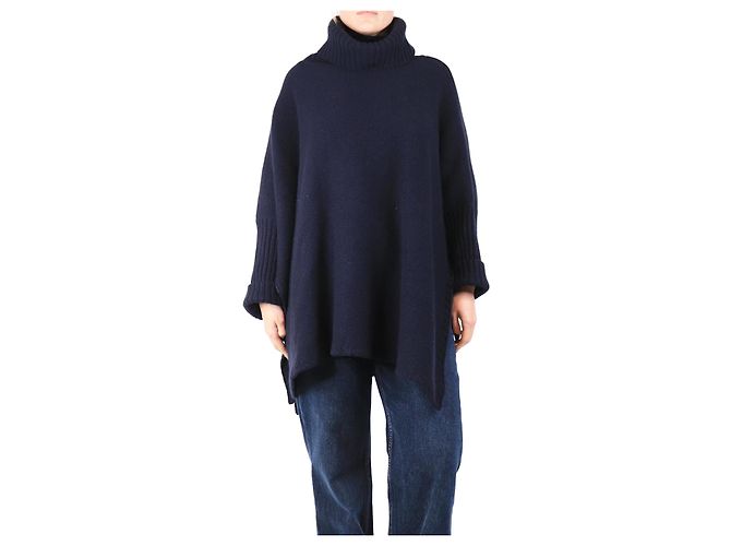 Crimson Navy blue oversized cashmere poncho - One size