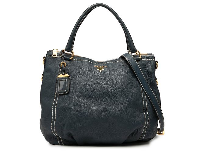 Prada Blaue Vitello Daino Zip-Top Handtasche Marineblau