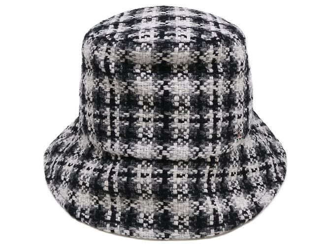Chanel CC Coco Mark Tweed Bucket Hat Black White