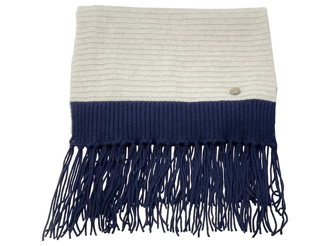 Chanel Fransen Cashmere Strickschal Silber / Grau / Marine 2008
