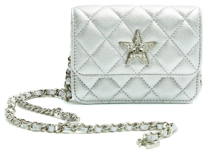 Timeless Chanel Clutch Cintura Clássica de Couro Estrela Prata Mini Bolsa na Caixa Nova
