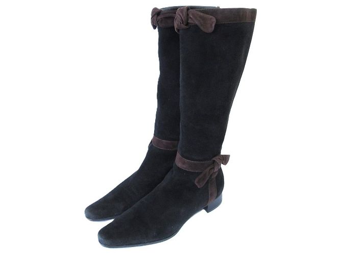 Ribbon Botas Largas de Ante con Cinta Prada Castaño Marrón oscuro