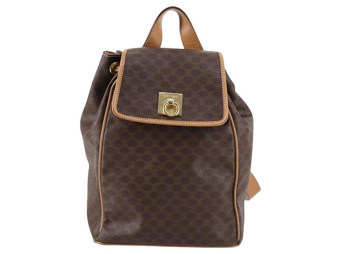 Céline Celine Vintage Drawstring Flap Backpack Macadam Coated Canvas Brown