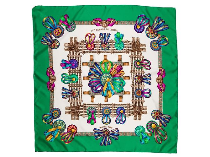 Lenço de seda Hermès Carré 90 "Les Rubans du Cheval" em verde