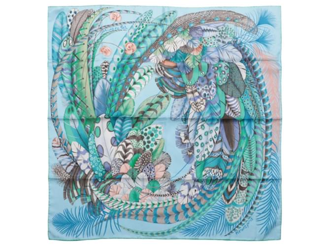 Hermès Carré 90 "PLUMES EN FETE" 100% Silk Scarf in Blue  ref.2577568