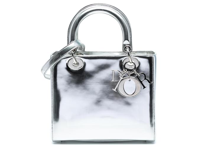 Dior Silver Medium Metallic Patent Lady Dior Silvery Leather Patent leather  ref.2577934
