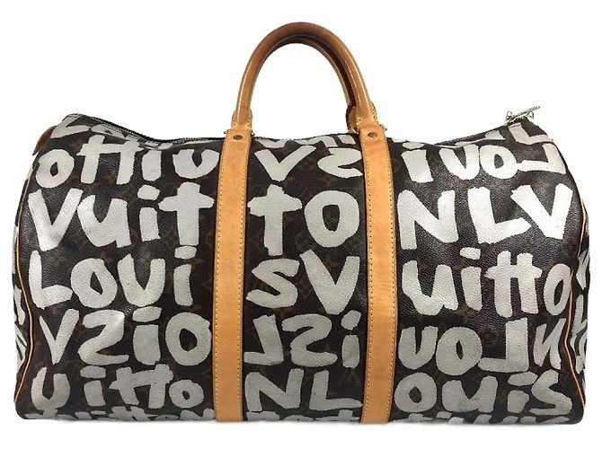 Borsa Boston Keepall 50 Monogram Graffiti Louis Vuitton Marrone Bianco Monogramma