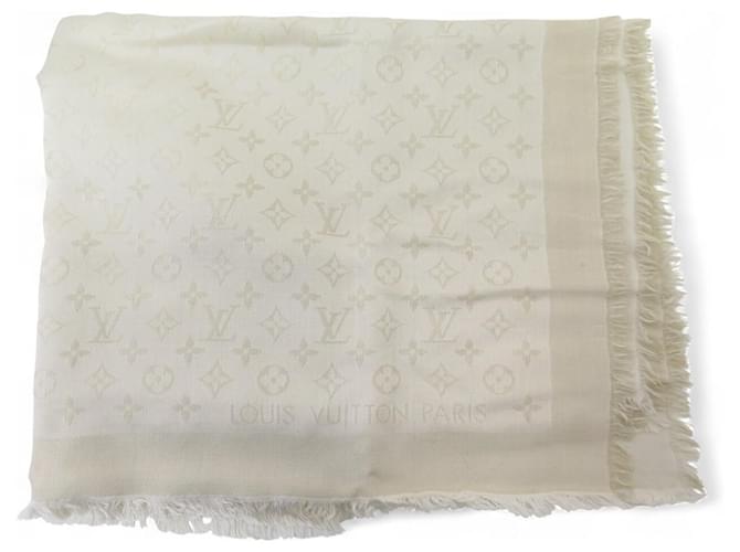 LOUIS VUITTON MONOGRAM SHINE CHALE SCARF M74026 SILK VISCOSE WOOL SHAWL Cream Leather  ref.2578495