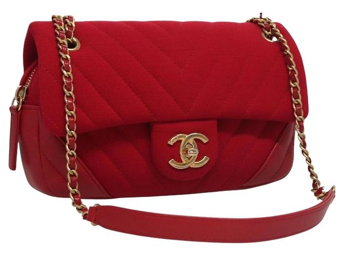 Borsa Chanel Classic Single Flap Mini in Jersey Chevron Rosso