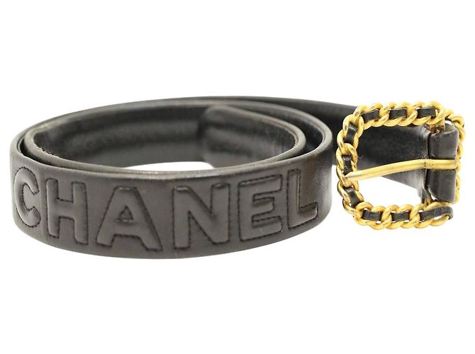 Chanel Gold Chain Black Leather Spellout Belt Golden