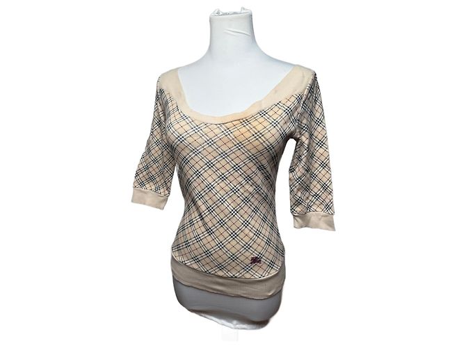 Vintage Burberry Nova Check Kurzarm-Pullover beige M