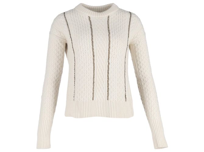 Weißer Wollpullover mit Kabelstrick und Kettenbesatz von Michael Kors Roh