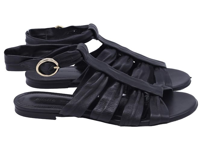 Khaite Perth Flat Sandals in Black Lambskin Leather