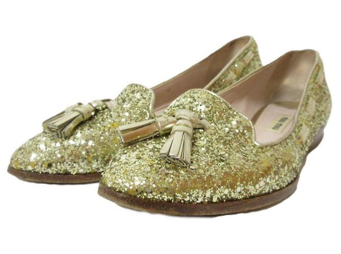Miu Miu Ballet Flats à Franges Pailletées Doré