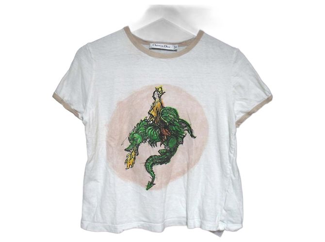 Camiseta de mistura de algodão e linho Christian Dior Branco Bege
