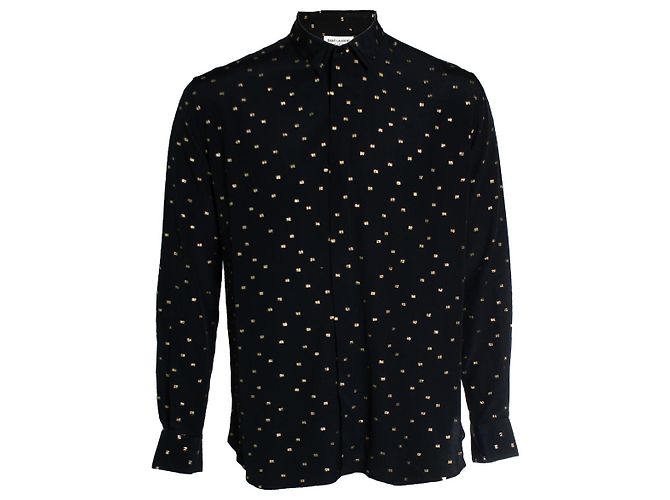 Saint Laurent, Camicia nera con stampa in lurex dorato Nero