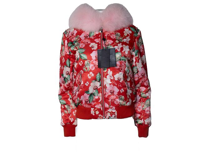 Jaqueta bomber estampada com orquídea vermelha Philipp Plein com pelo Rosa Vermelho