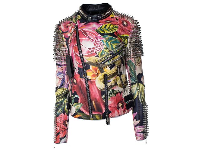 Giacca biker in pelle floreale Philipp Plein Multicolore