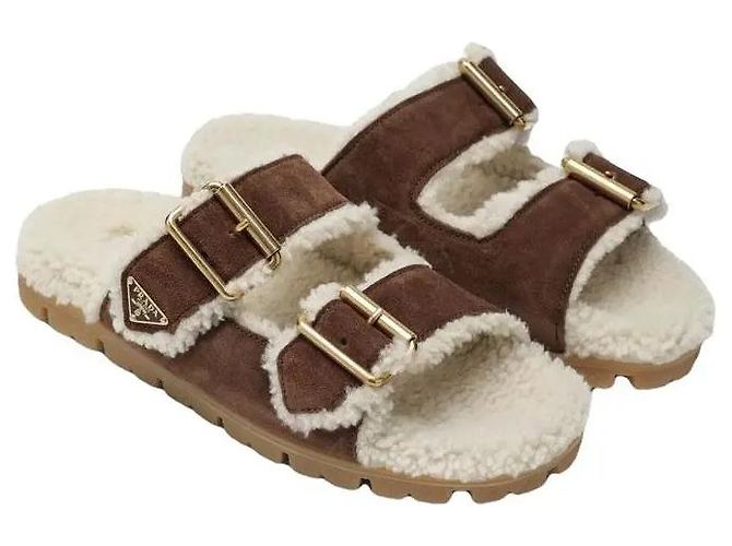 Prada sandalo Slide in suede marrone e shearling