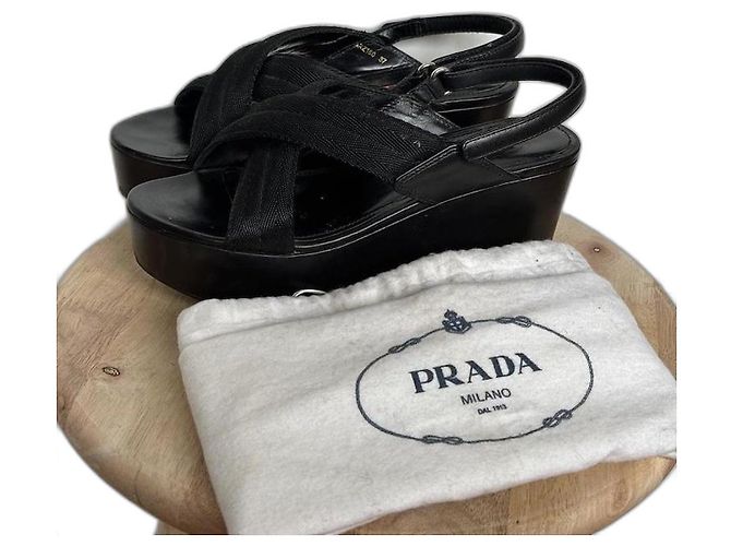 Prada Wedge Platform Sandals Black Leather