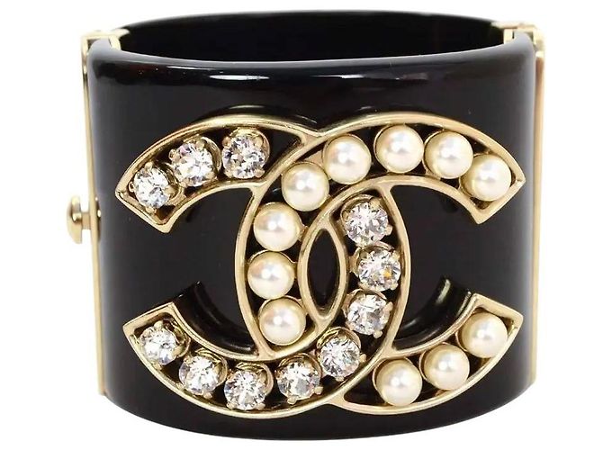 Pulseira larga em cristal e pérolas CC 14B icônica da Chanel GHW Preto Branco Gold hardware