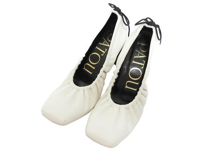Autre Marque Patou Drawstring Leather Square Toe Block Heel Pumps White