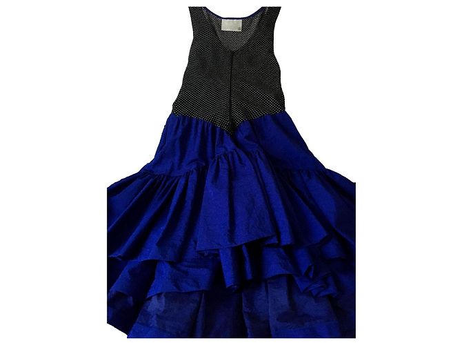 Autre Marque Vestido de Coquetel Jacques Gratz Azul de Cetim com Bolinhas