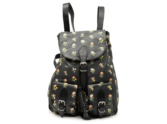 Schwarzer Leder-Rucksack mit Prairie-Blumenmuster von Saint Laurent