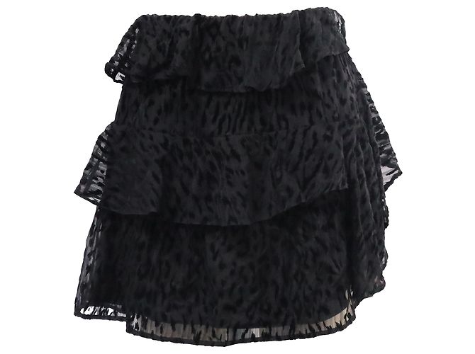 Falda mini de seda negra con acentos de leopardo Iro Negro