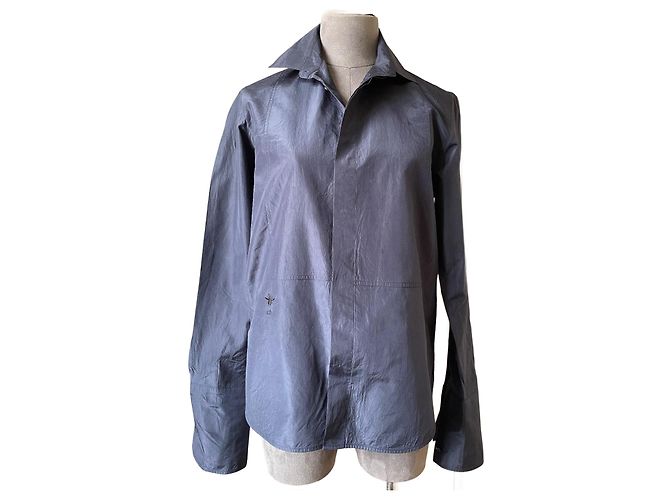 Camicia Dior in seta blu navy con ricamo ape