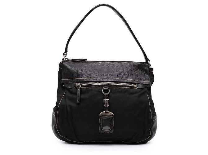 Borsa a spalla in pelle nera e tessuto Prada