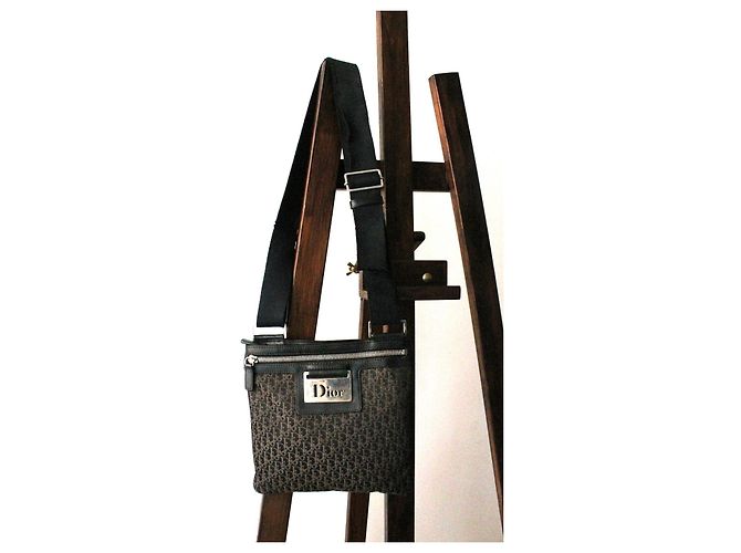 Borsa a spalla Dior in tela e pelle marrone e nera Nero