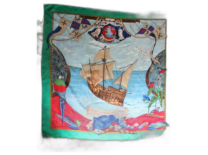 Bufanda de seda Hermès Christophe Colomb en verde Multicolor