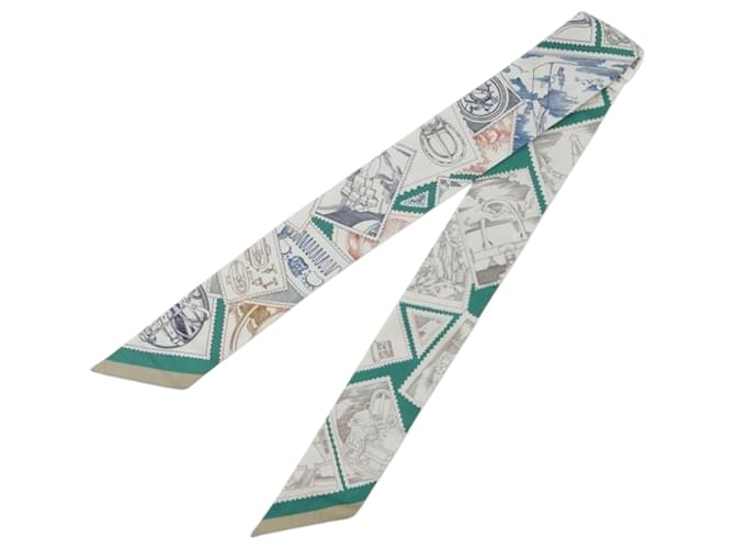 Hermès White Le Philateliste du Faubourg Silk Twilly Scarf Cloth  ref.2586995